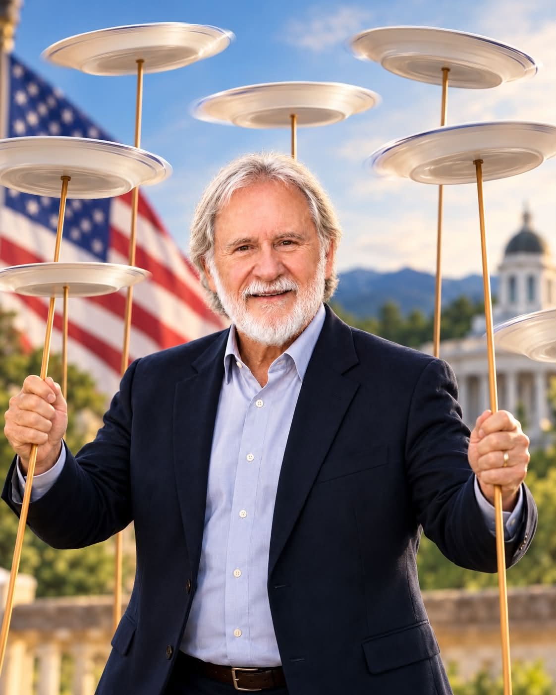Tom Wilkins smiling while balancing a set of spinning plates on poles, with the American flag and a domed building behind him