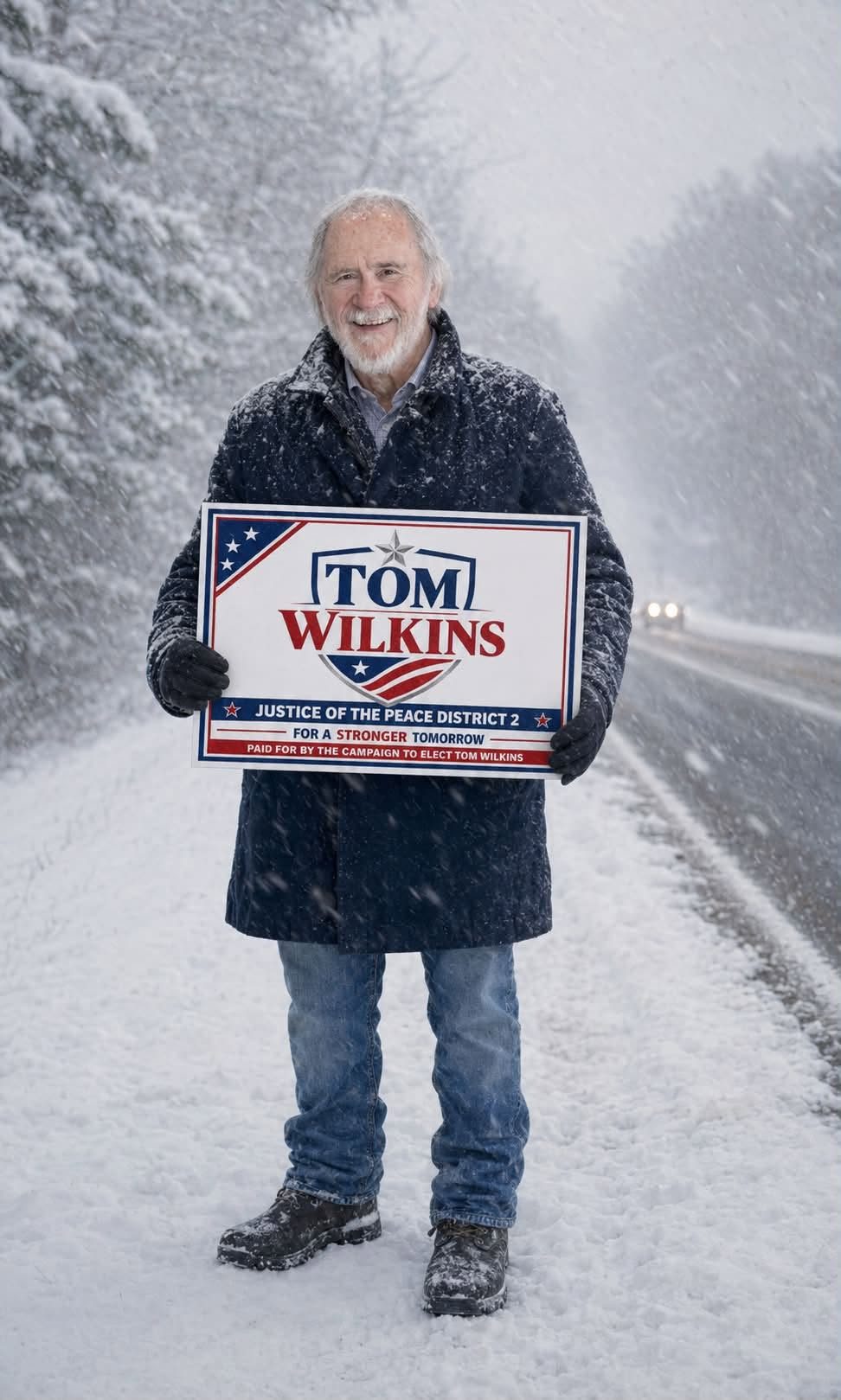 Tom Wilkins standing beside a snowy road holding a 'Tom Wilkins, Justice of the Peace District 2' yard sign